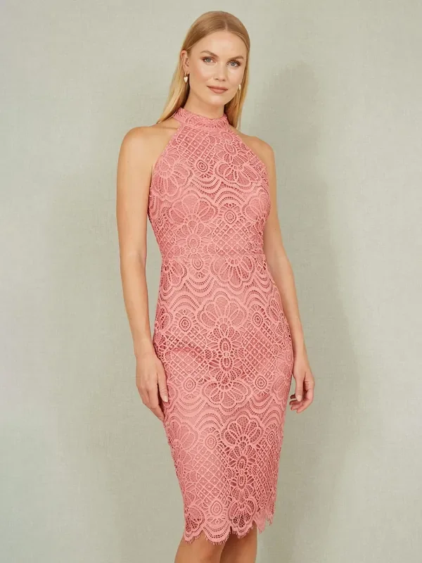 Yumi Pink Lace Halter Neck Dress