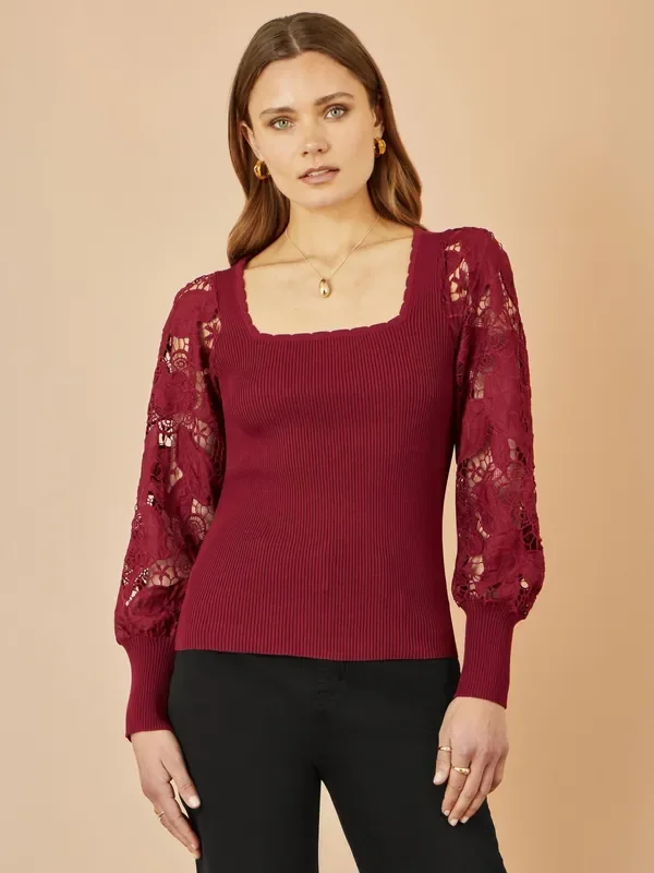 Yumi Red Ribbed Knitted Top With Lace Sleeves