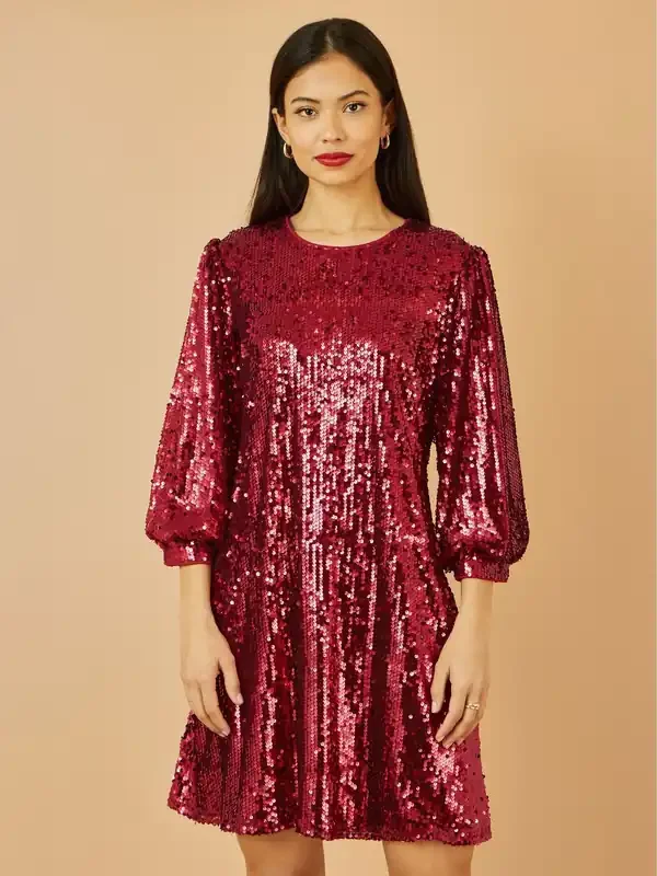 Yumi Red Sequin Tunic Dress With Balloon Sleeves
