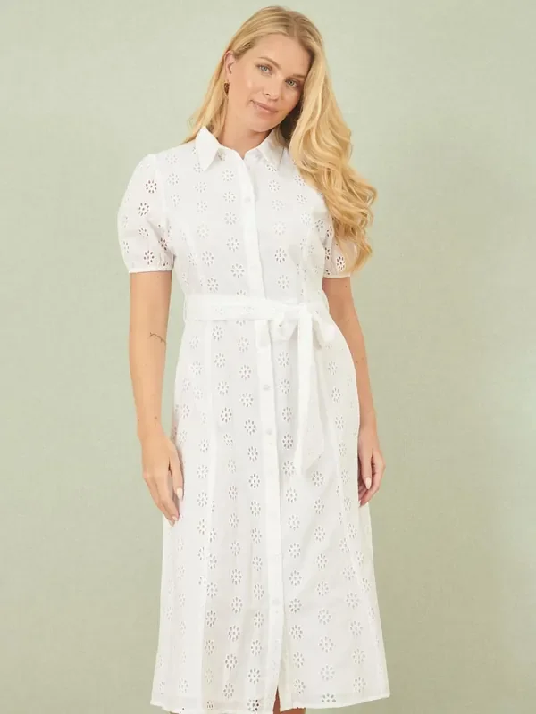 Yumi White 100% Cotton Broderie Anglaise Midi Shirt Dress