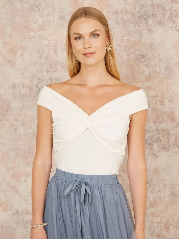 Yumi White Jersey Bardot 100% Cotton Top With Knot Detail