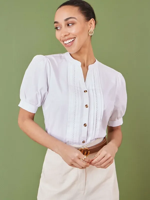 Yumi White Pleated Short Sleeve 100% Cotton Shirt