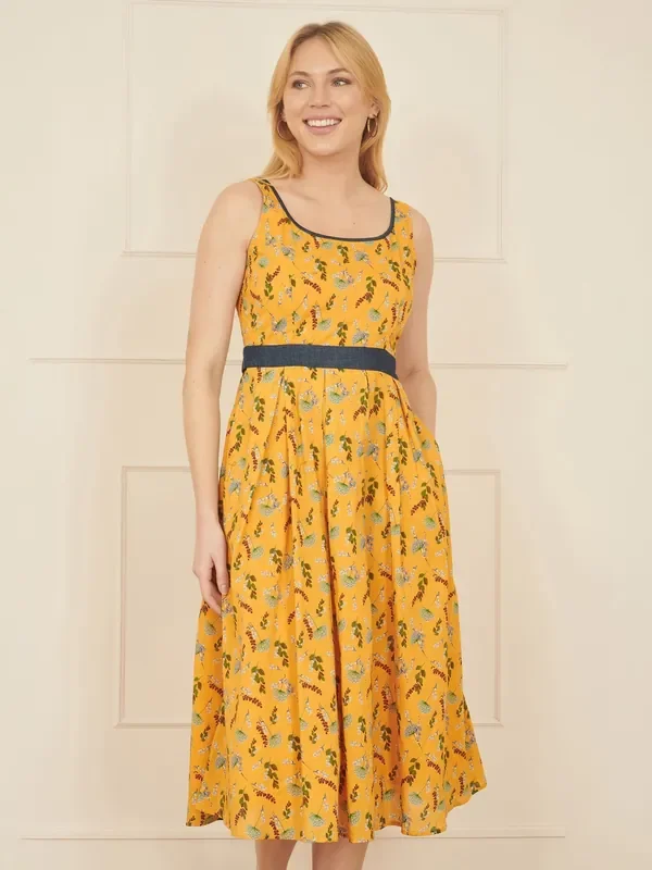 Yumi Yellow Floral Print Skater 100% Cotton Dress With Denim Trims