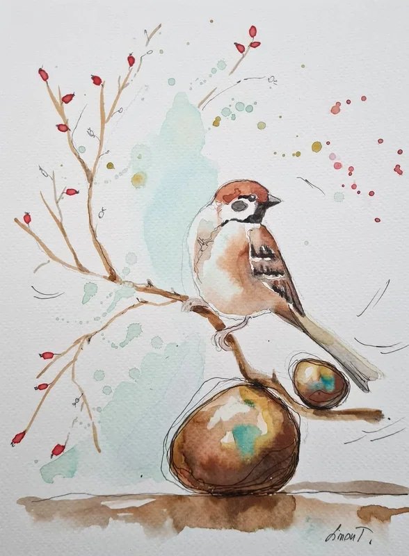 Zen with Sparrow (2021) Watercolour by Simon Tünde